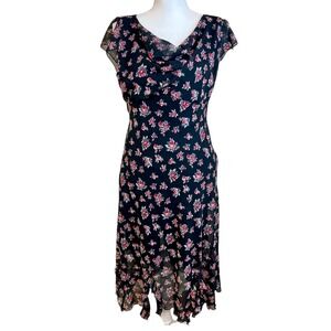 Vintage Y2K 90s CDC Floral Print Cowl Neck Midi Dress Sz 10 Sheer‎ Cap Sleeve